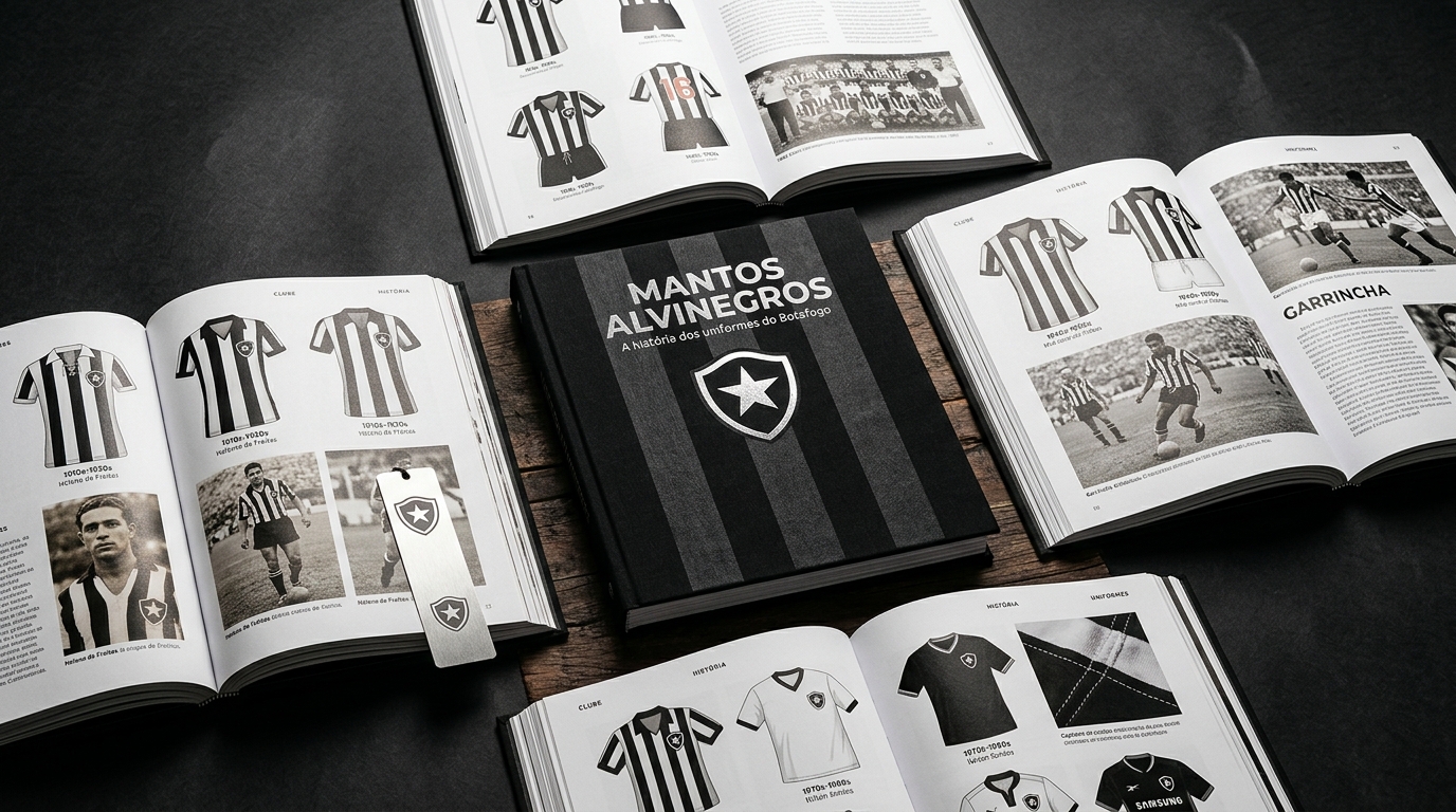 Composição 3D do Livro Mantos Alvinegros e exemplares abertos